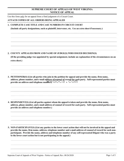 Official West Virginia Appeal Template in PDF