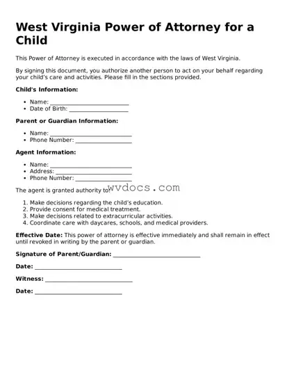 Valid West Virginia Power of Attorney for a Child Document