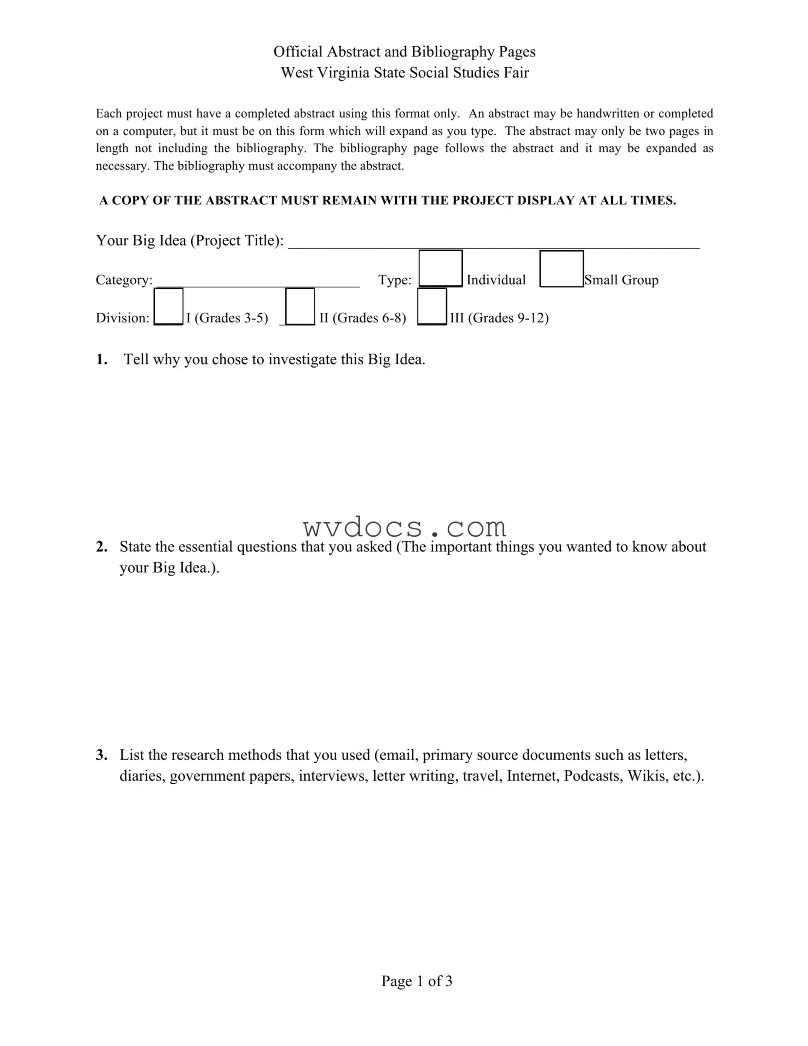 Official West Virginia Abstract Social Studies Fair Template in PDF