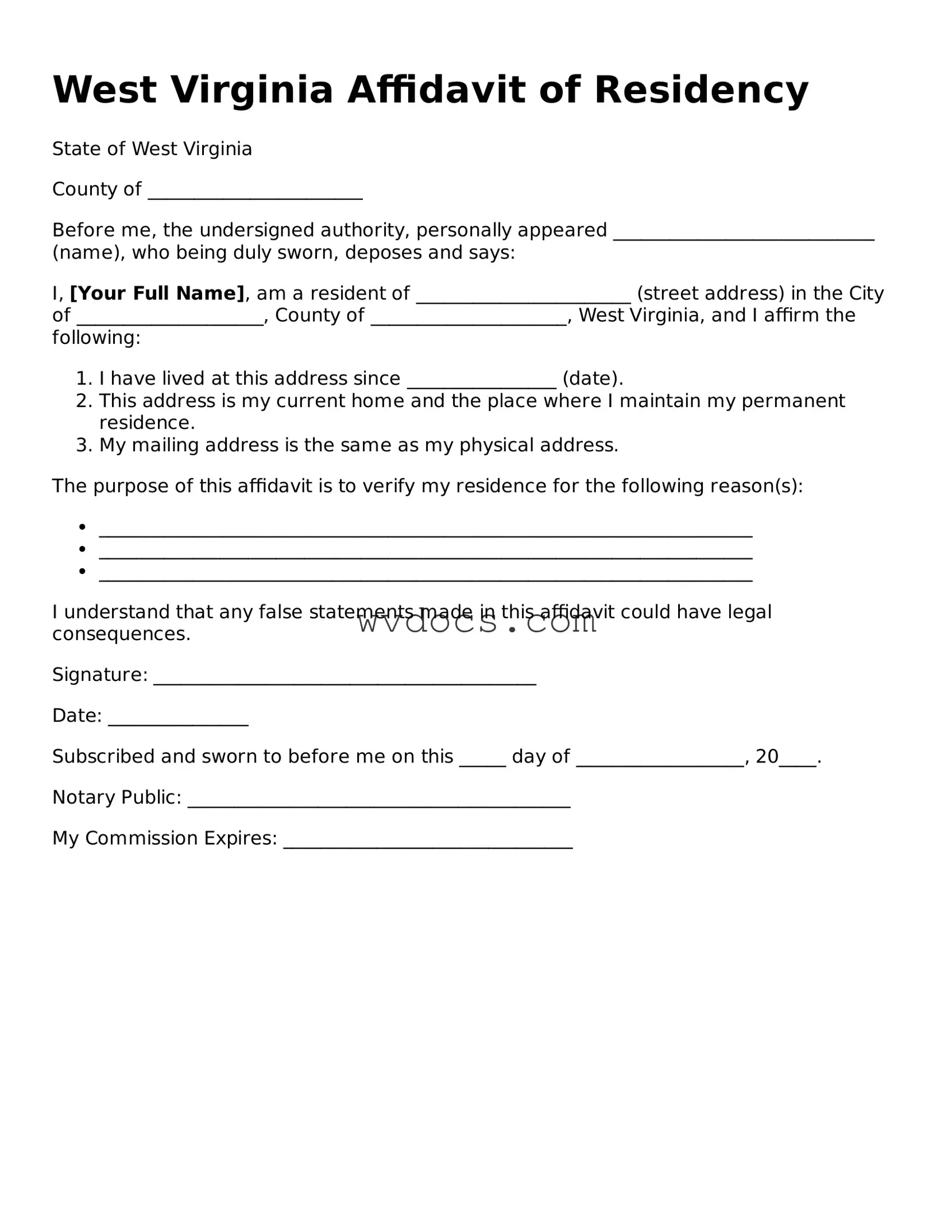 Valid West Virginia Affidavit of Residency Document