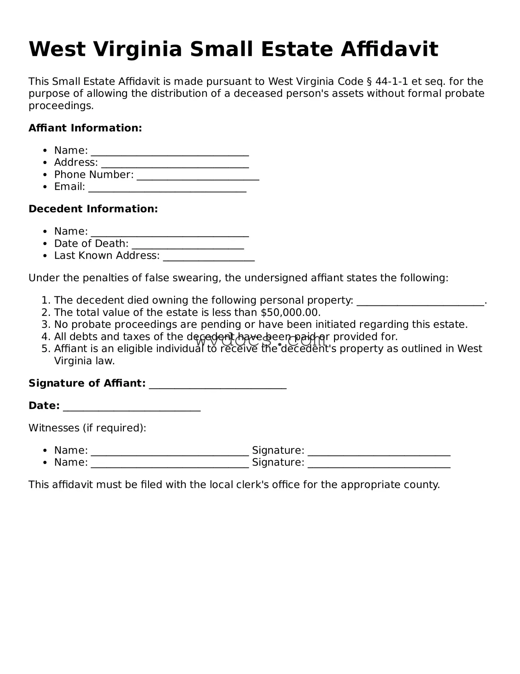 Valid West Virginia Small Estate Affidavit Document