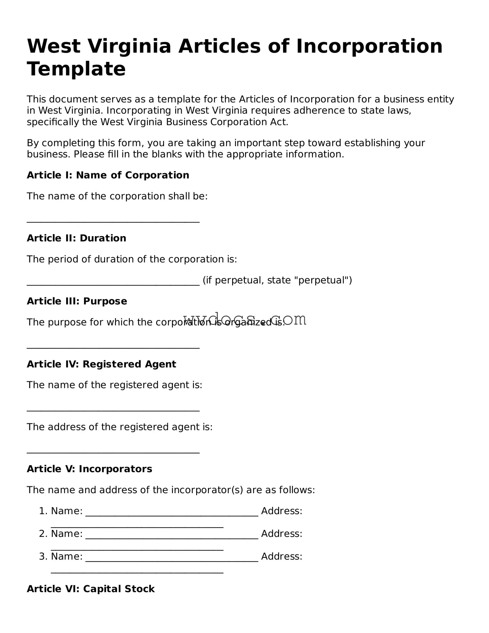 Valid West Virginia Articles of Incorporation Document