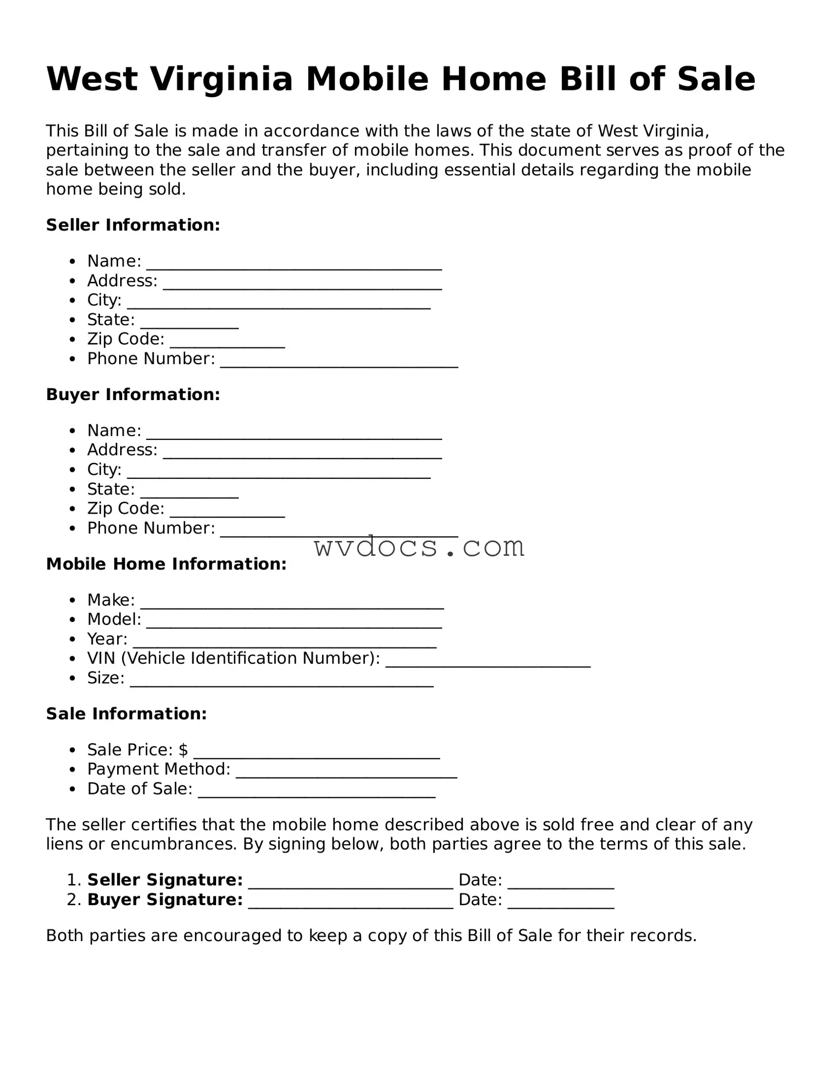 Valid West Virginia Mobile Home Bill of Sale Document