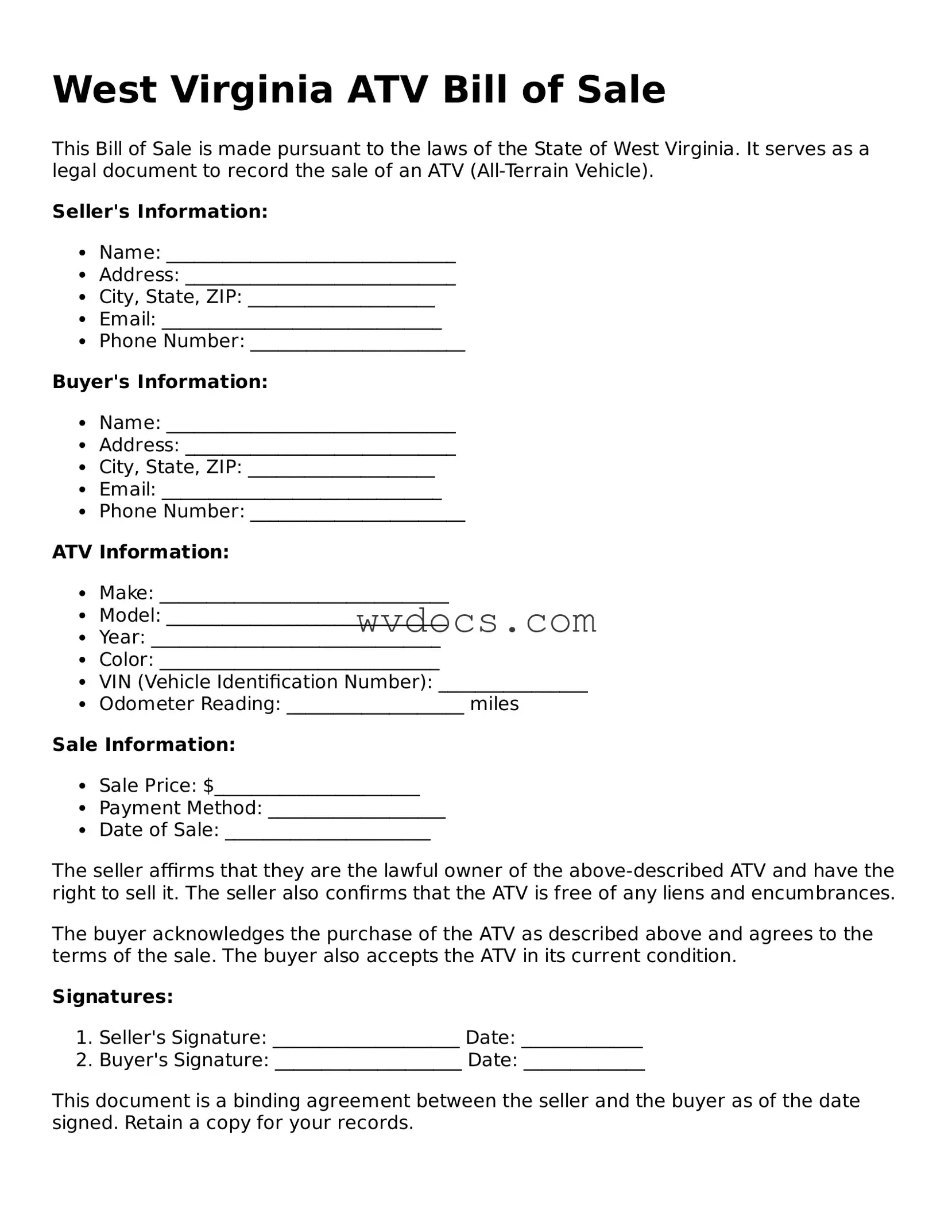 Valid West Virginia ATV Bill of Sale Document