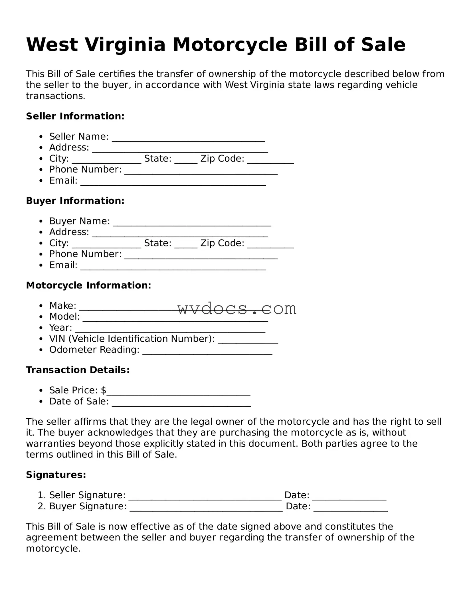 Valid West Virginia Motorcycle Bill of Sale Document