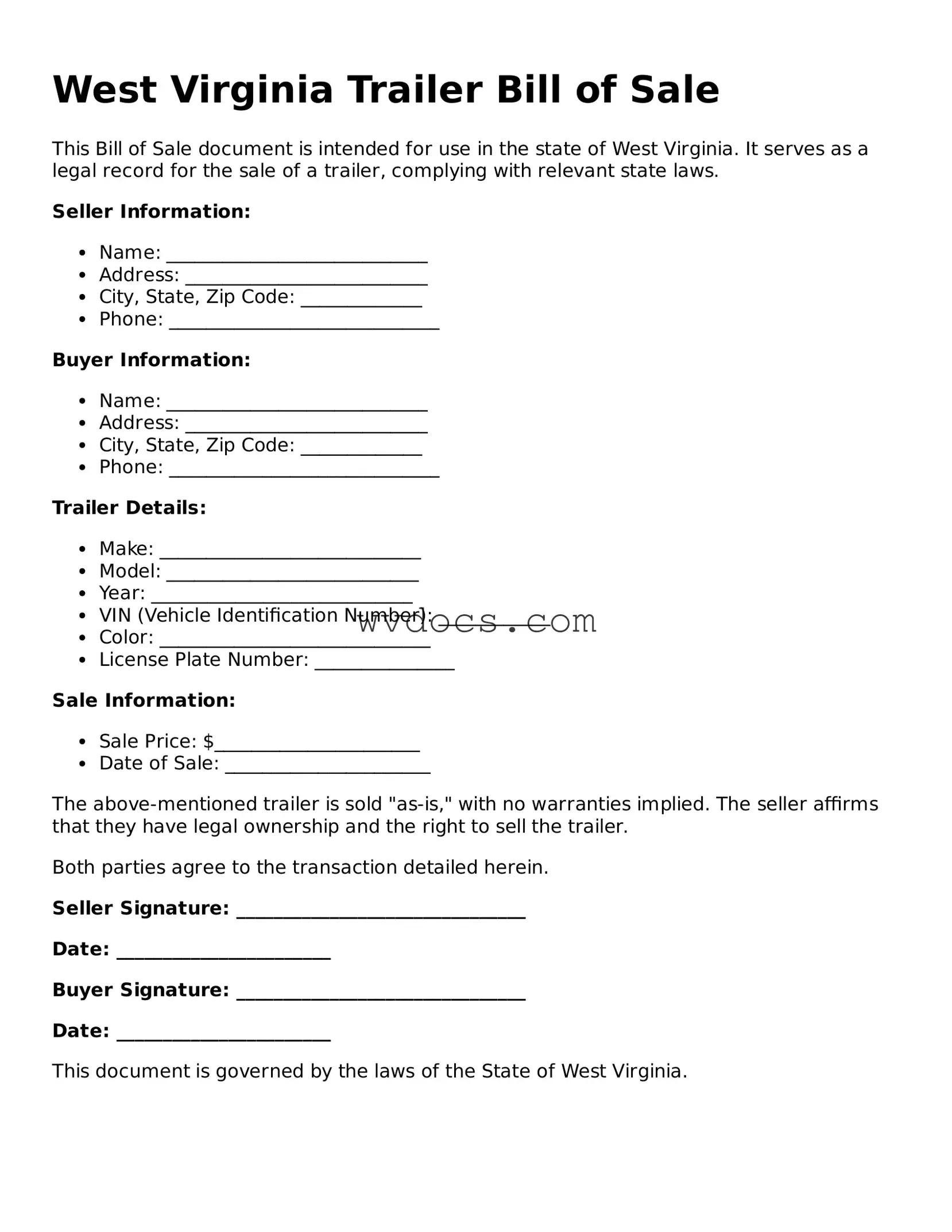 Valid West Virginia Trailer Bill of Sale Document