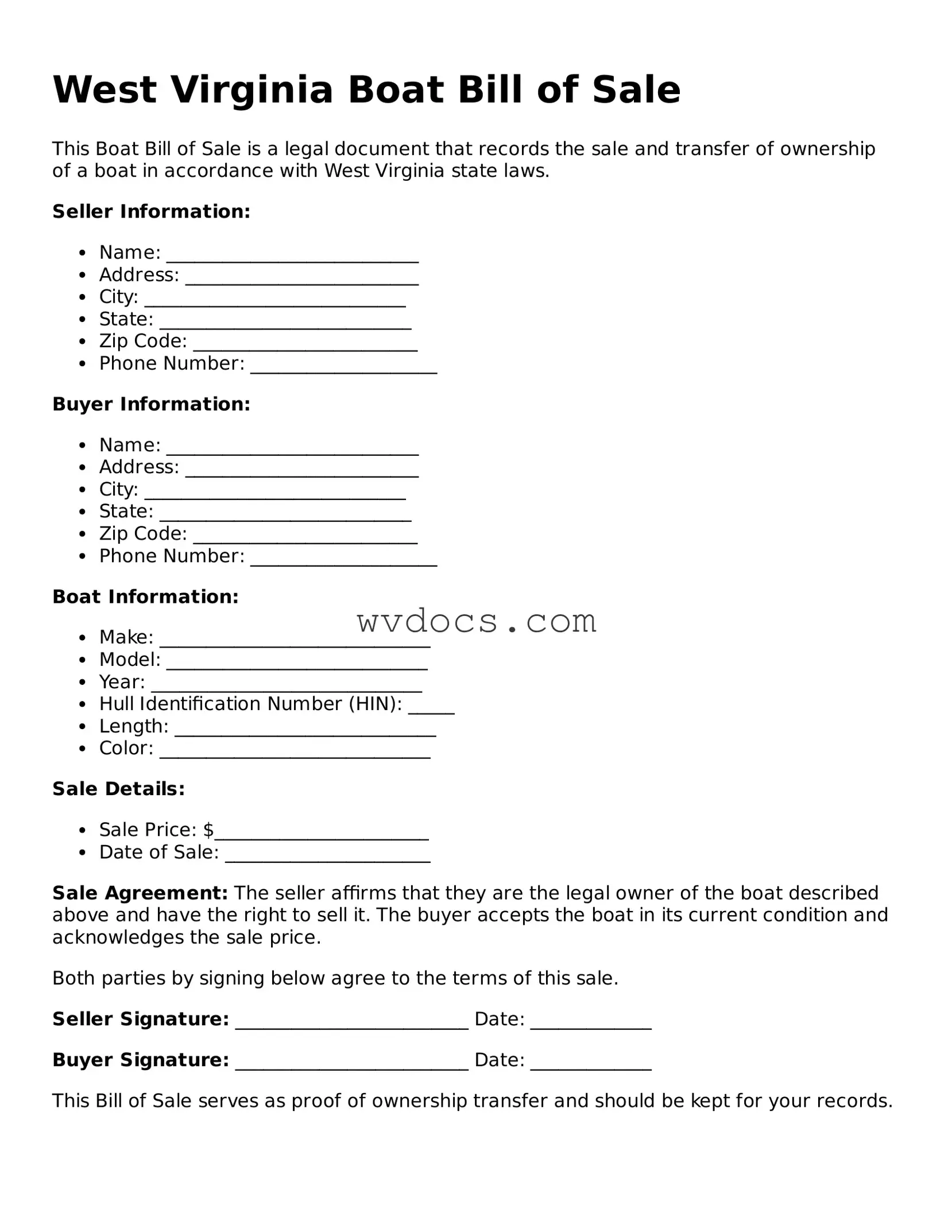 Valid West Virginia Boat Bill of Sale Document