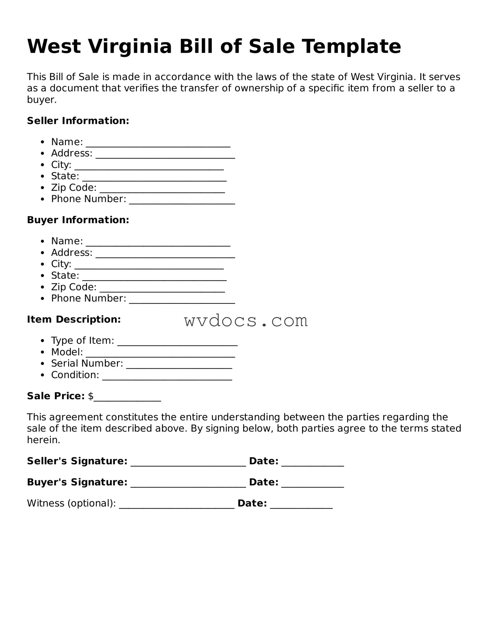 Valid West Virginia Bill of Sale Document