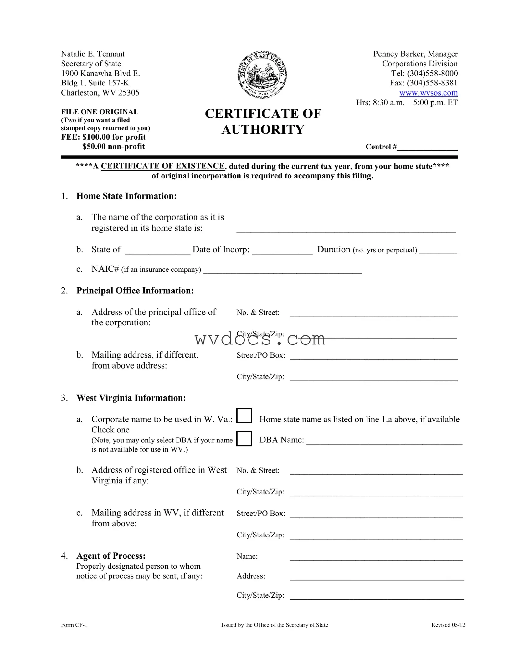 Official West Virginia Cf 1 Template in PDF