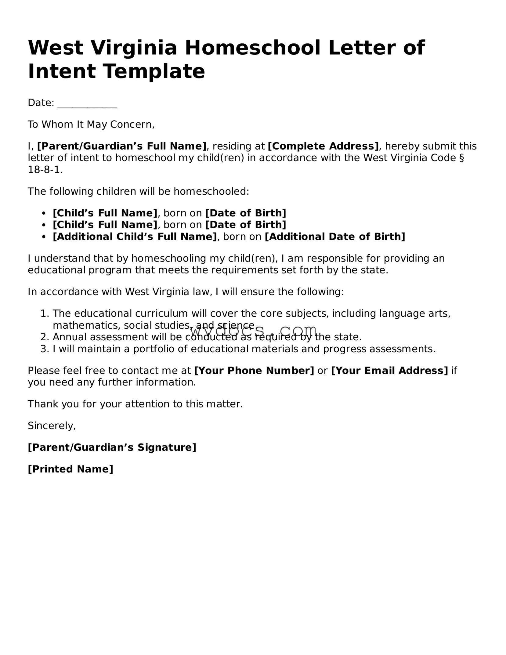 Valid West Virginia Homeschool Letter of Intent Document