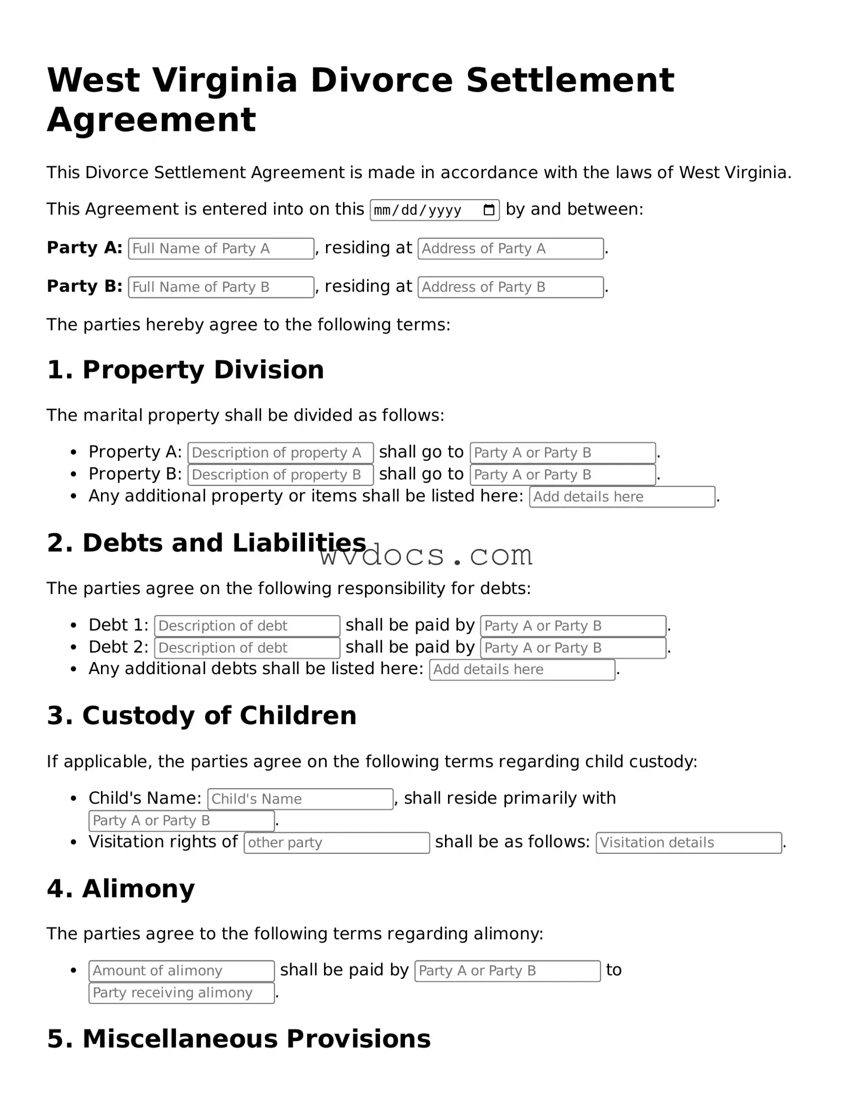 Valid West Virginia Divorce Settlement Agreement Document