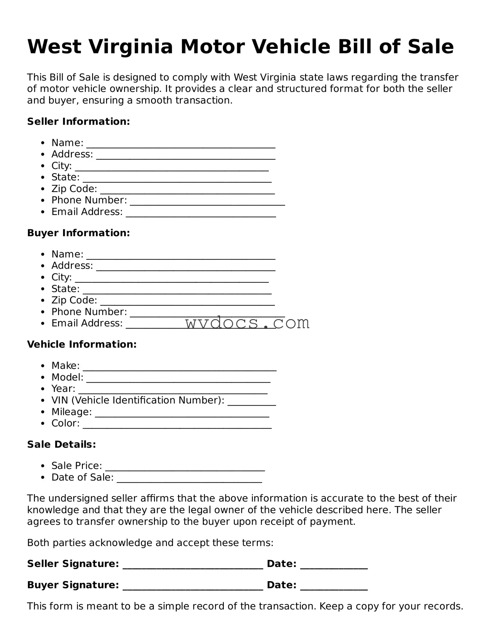 Valid West Virginia Motor Vehicle Bill of Sale Document