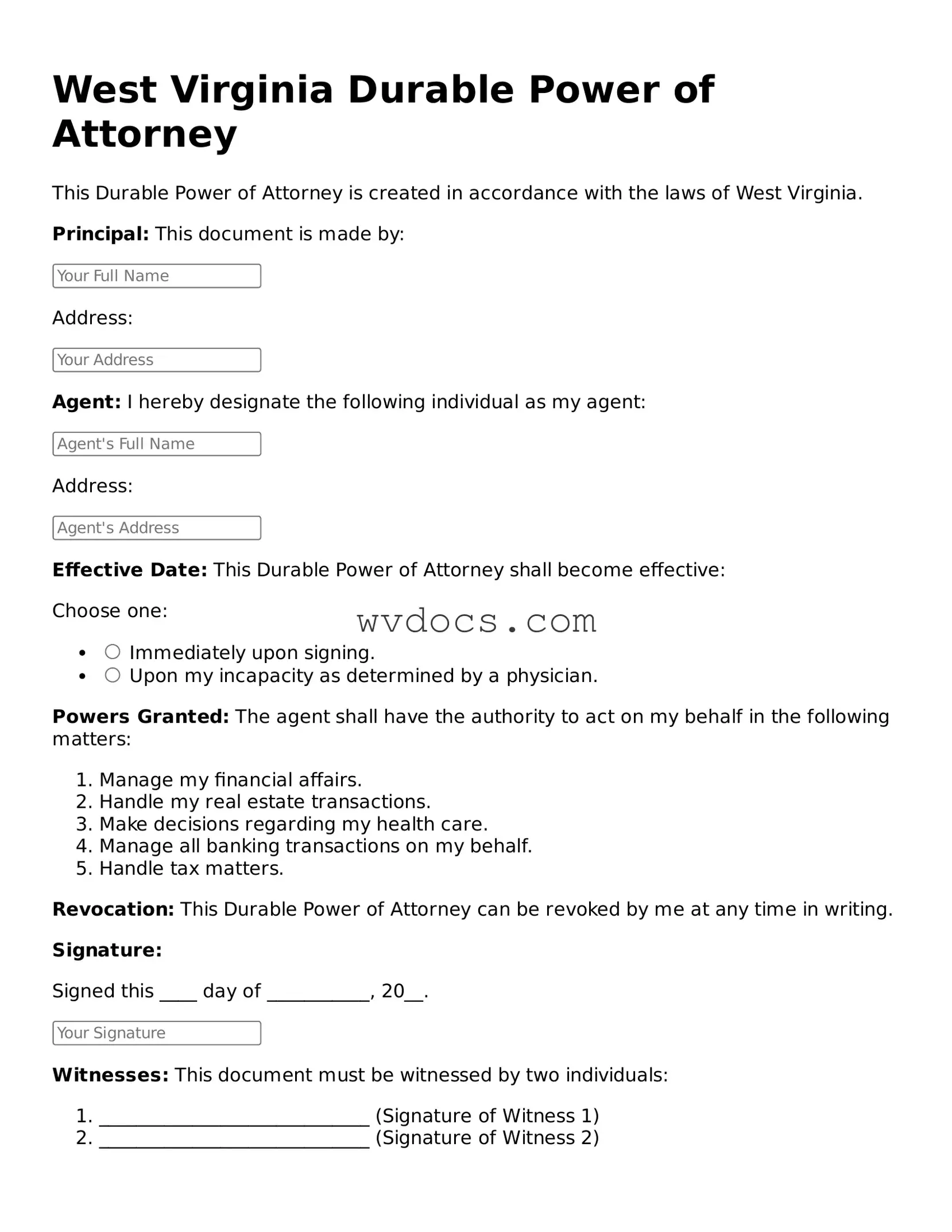 Valid West Virginia Durable Power of Attorney Document