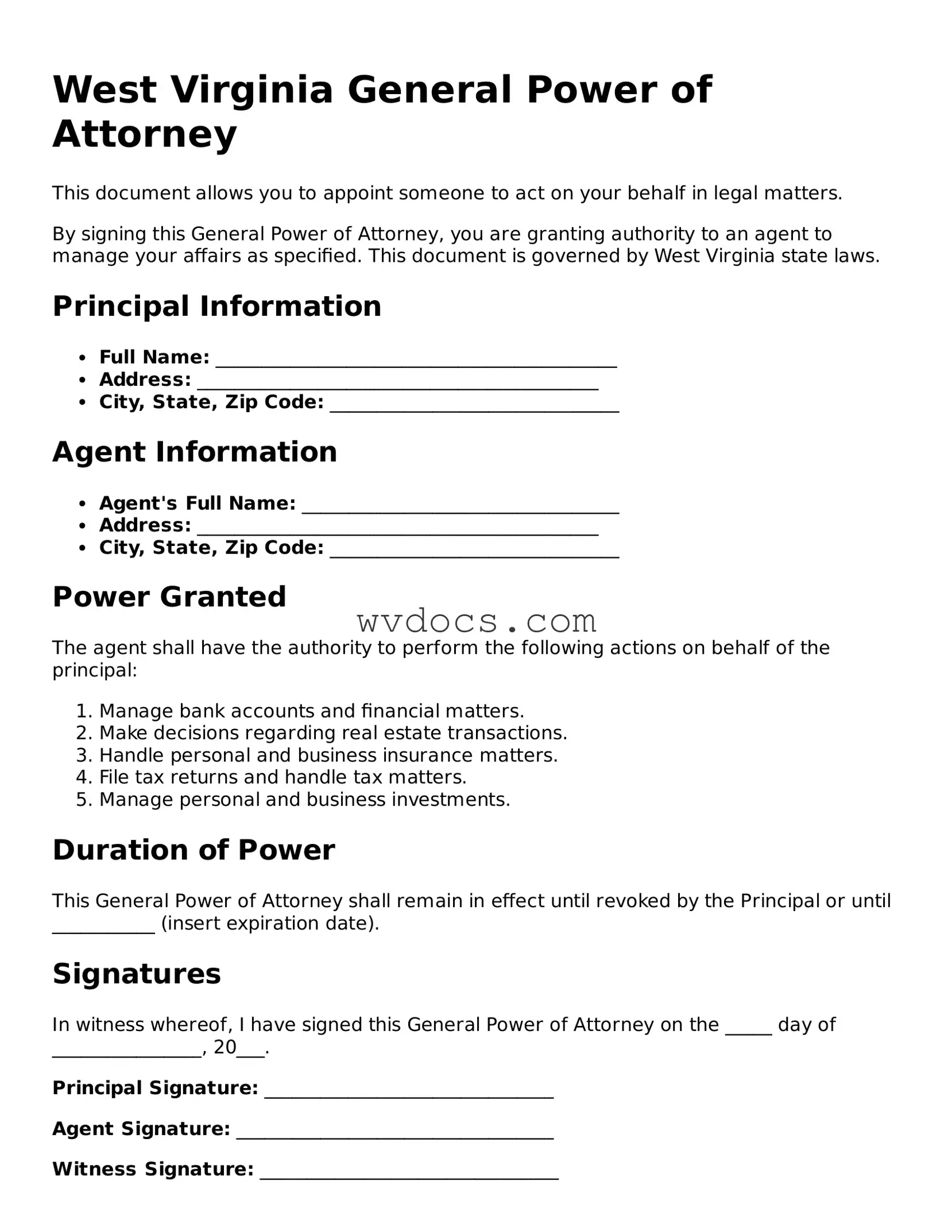 Valid West Virginia General Power of Attorney Document