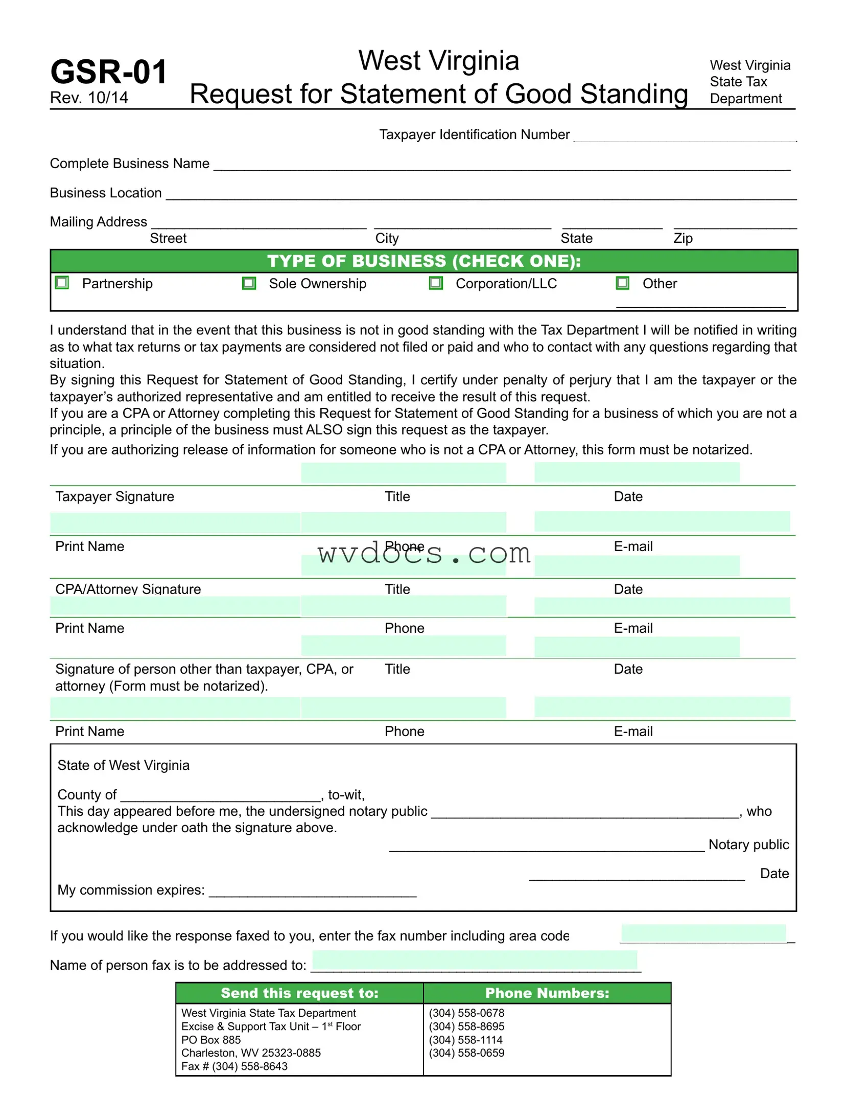 Official West Virginia Gsr 01 Template in PDF