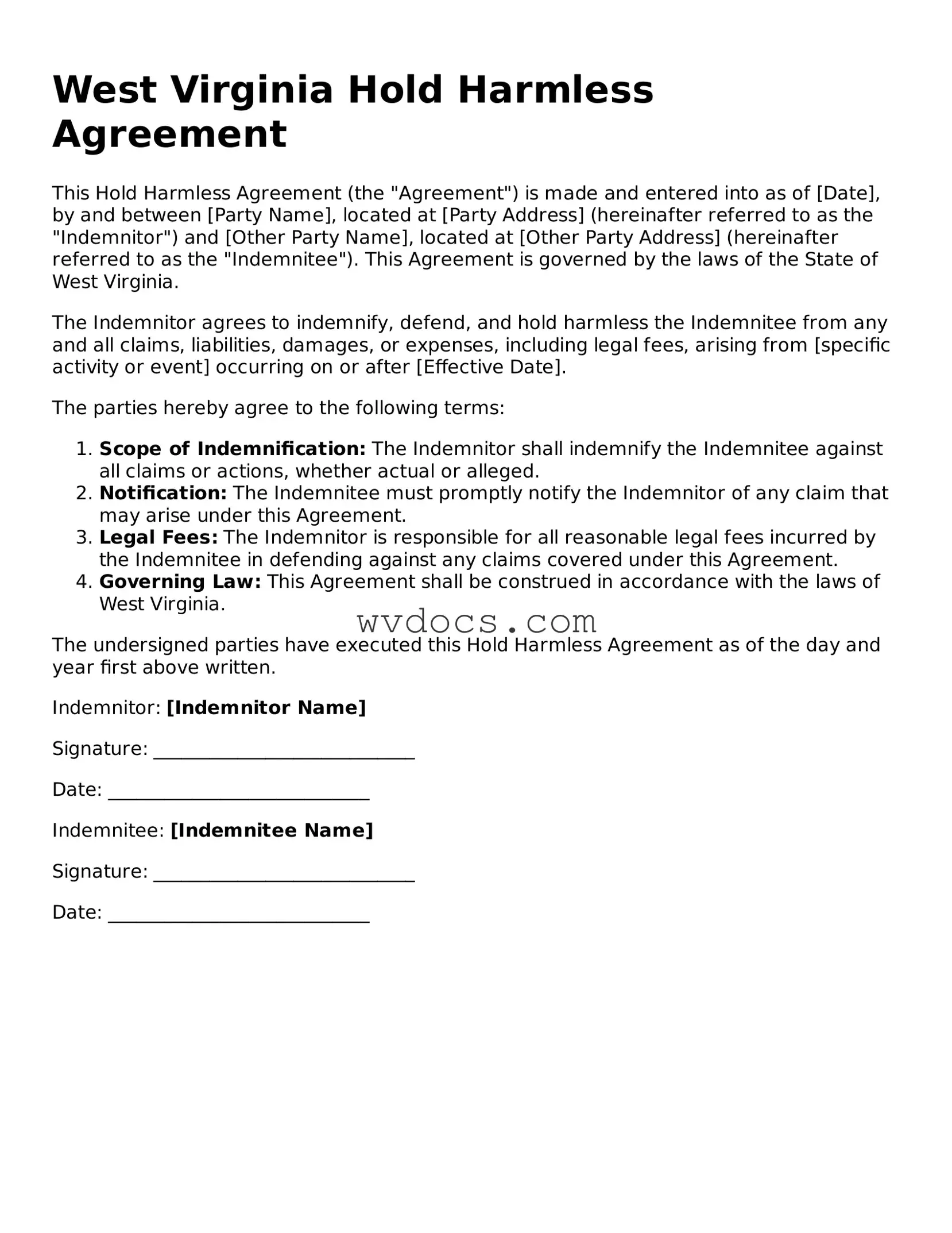 Valid West Virginia Hold Harmless Agreement Document