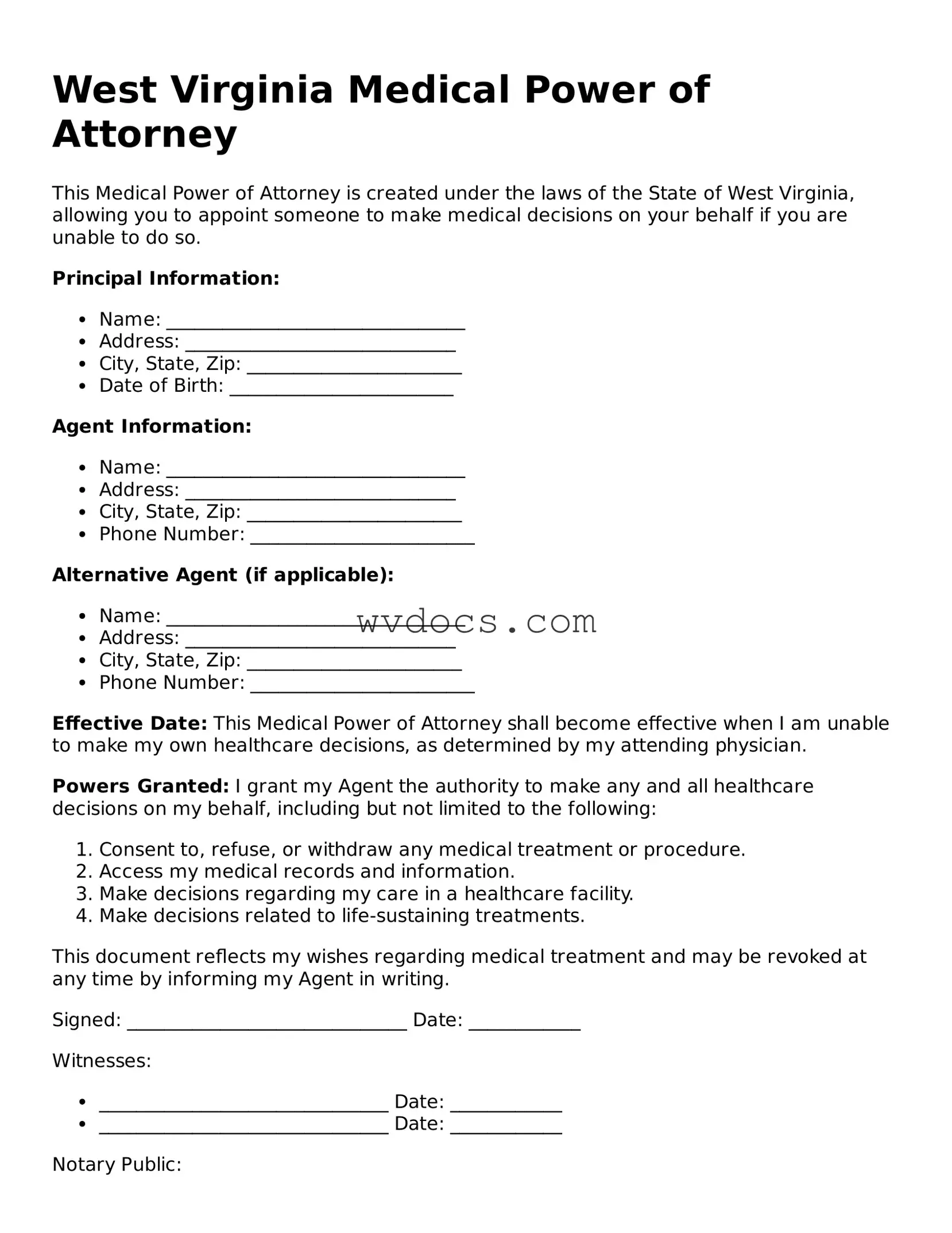 Valid West Virginia Medical Power of Attorney Document