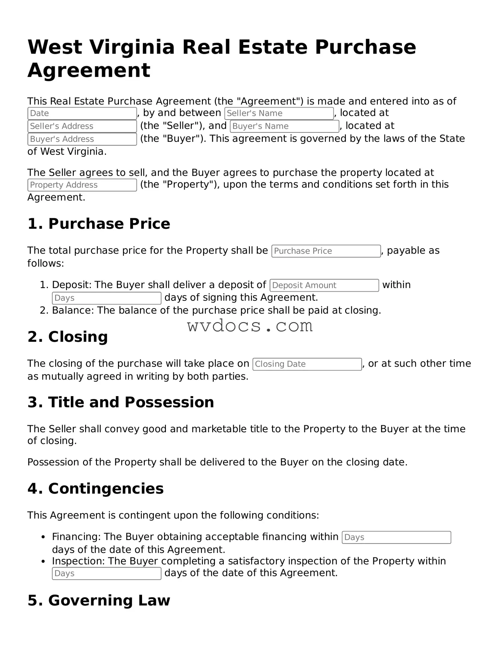 Valid West Virginia Real Estate Purchase Agreement Document