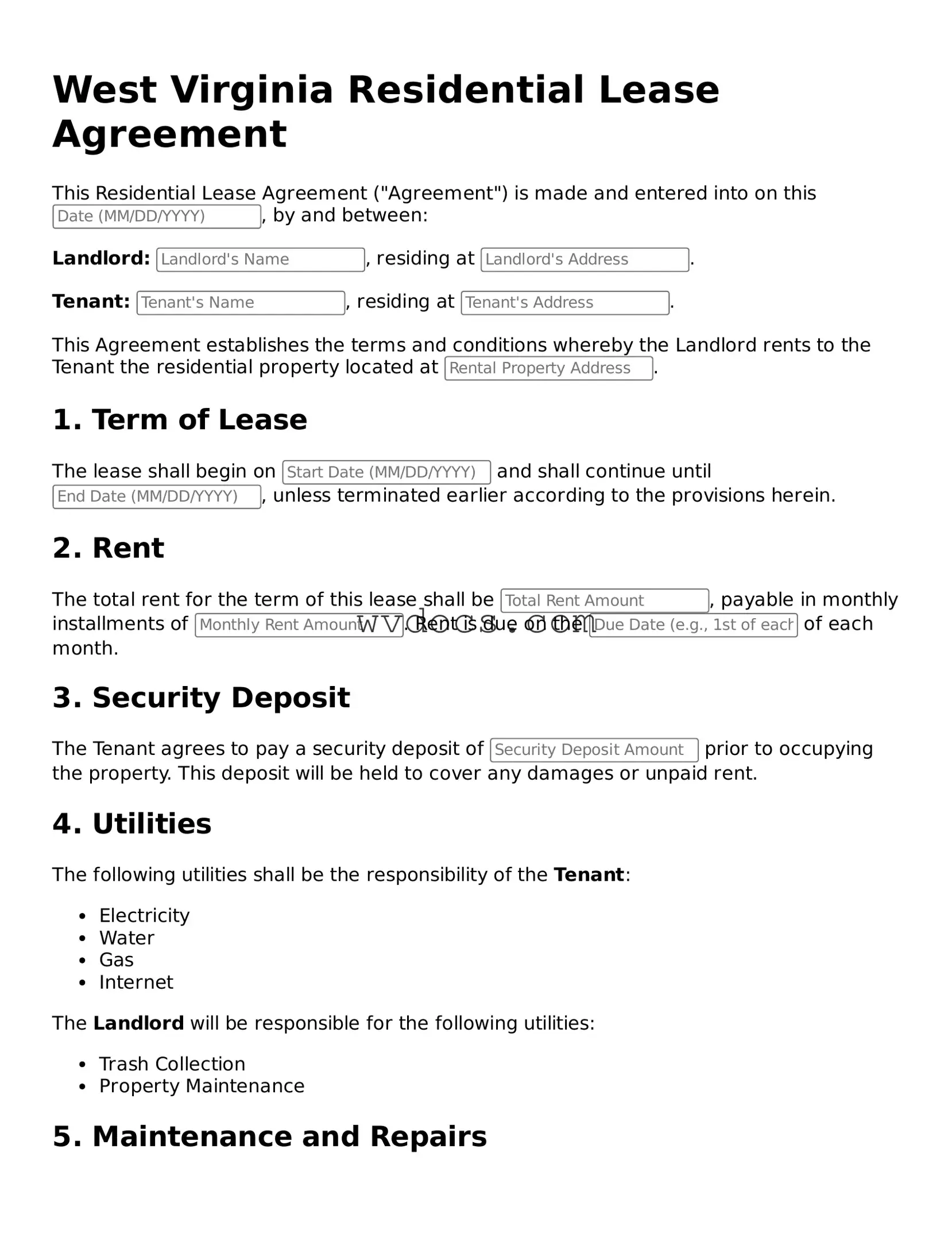 Valid West Virginia Residential Lease Agreement Document