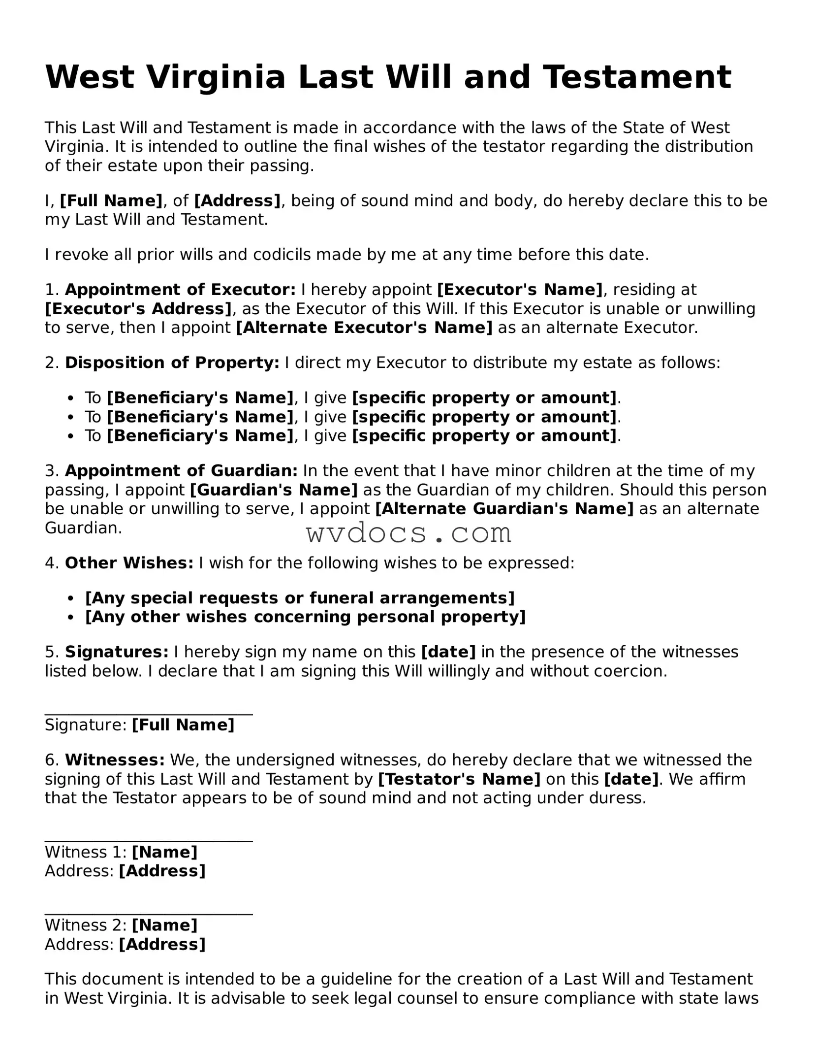 Valid West Virginia Last Will and Testament Document