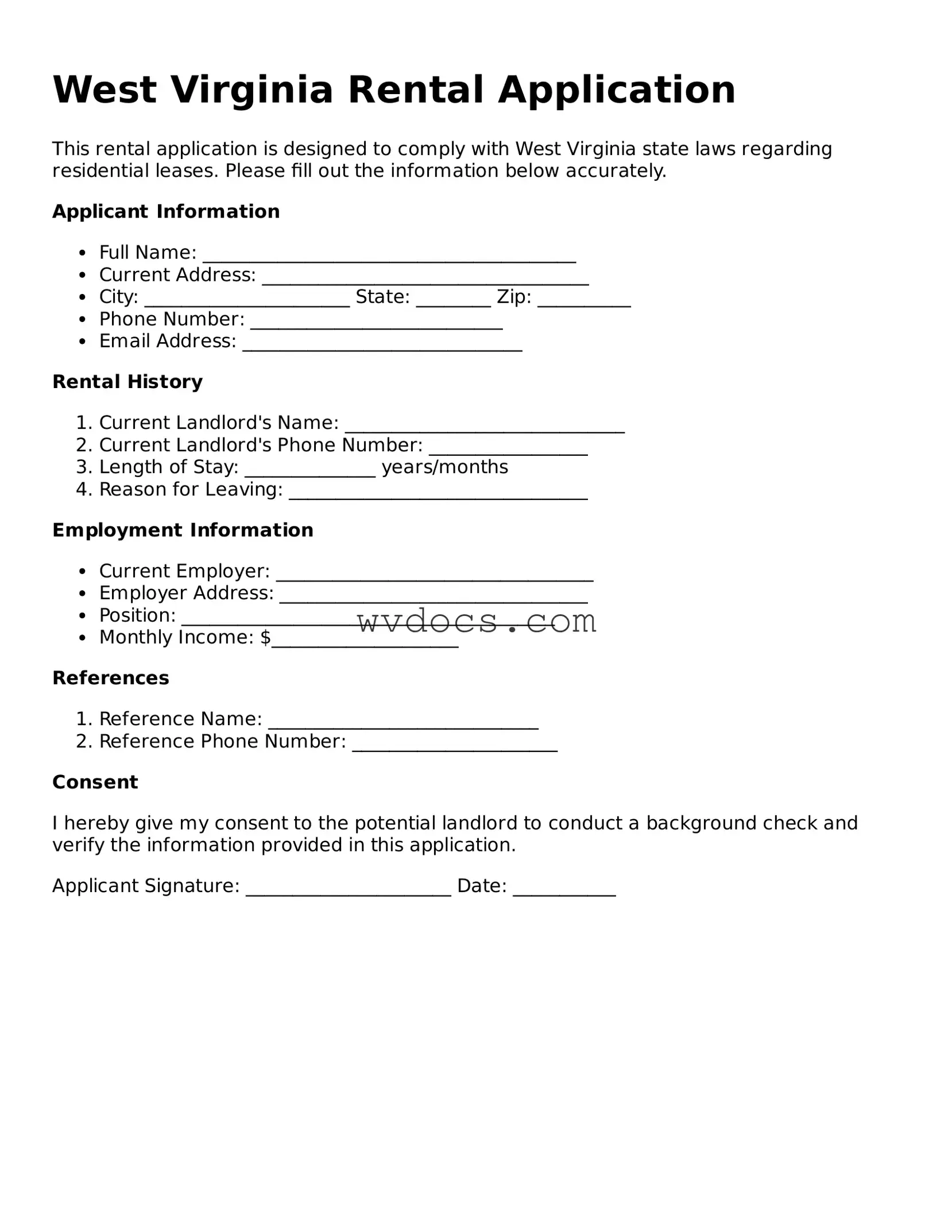 Valid West Virginia Rental Application Document