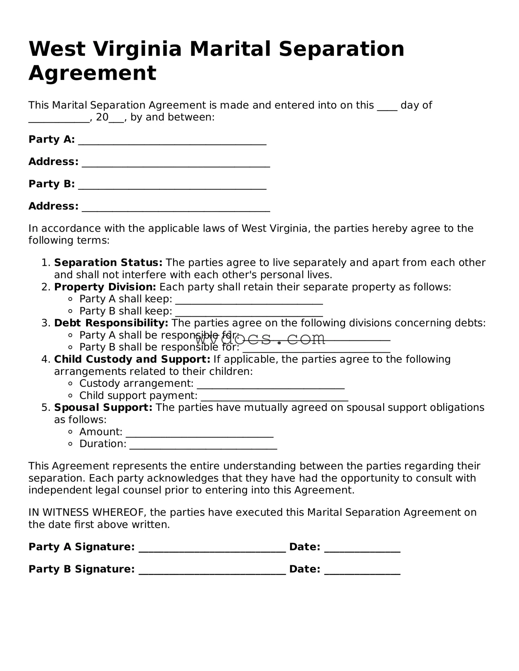 Valid West Virginia Marital Separation Agreement Document