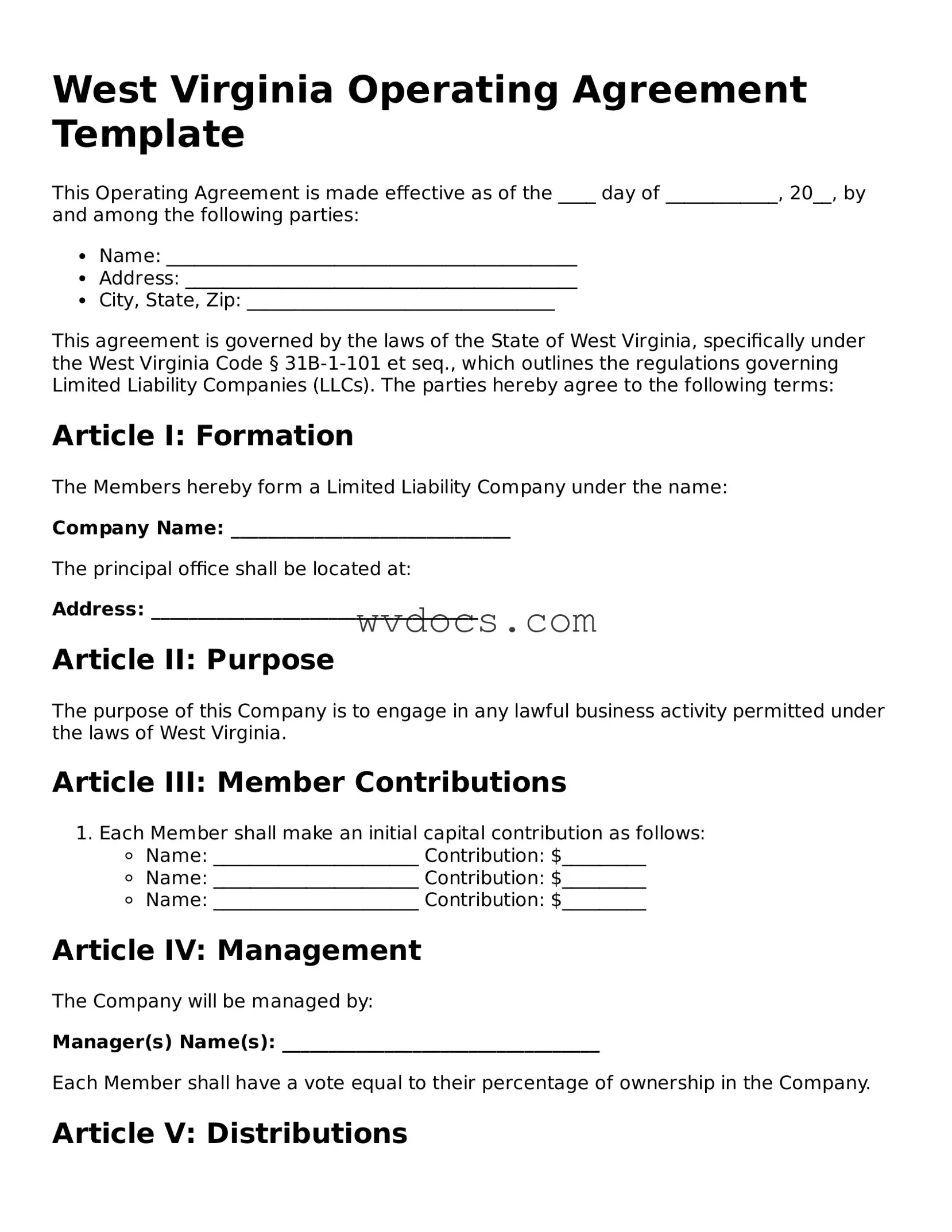 Valid West Virginia Operating Agreement Document