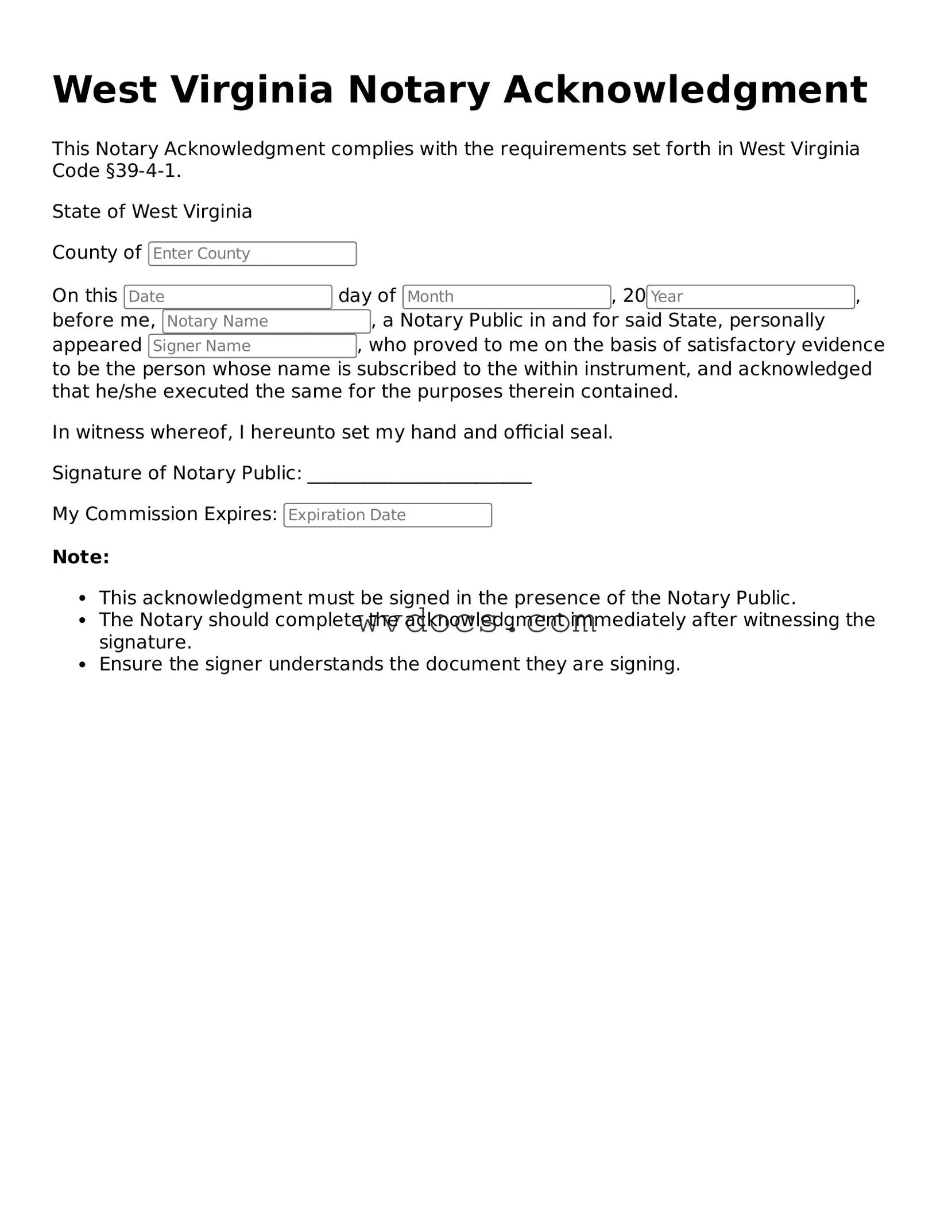 Valid West Virginia Notary Acknowledgement Document