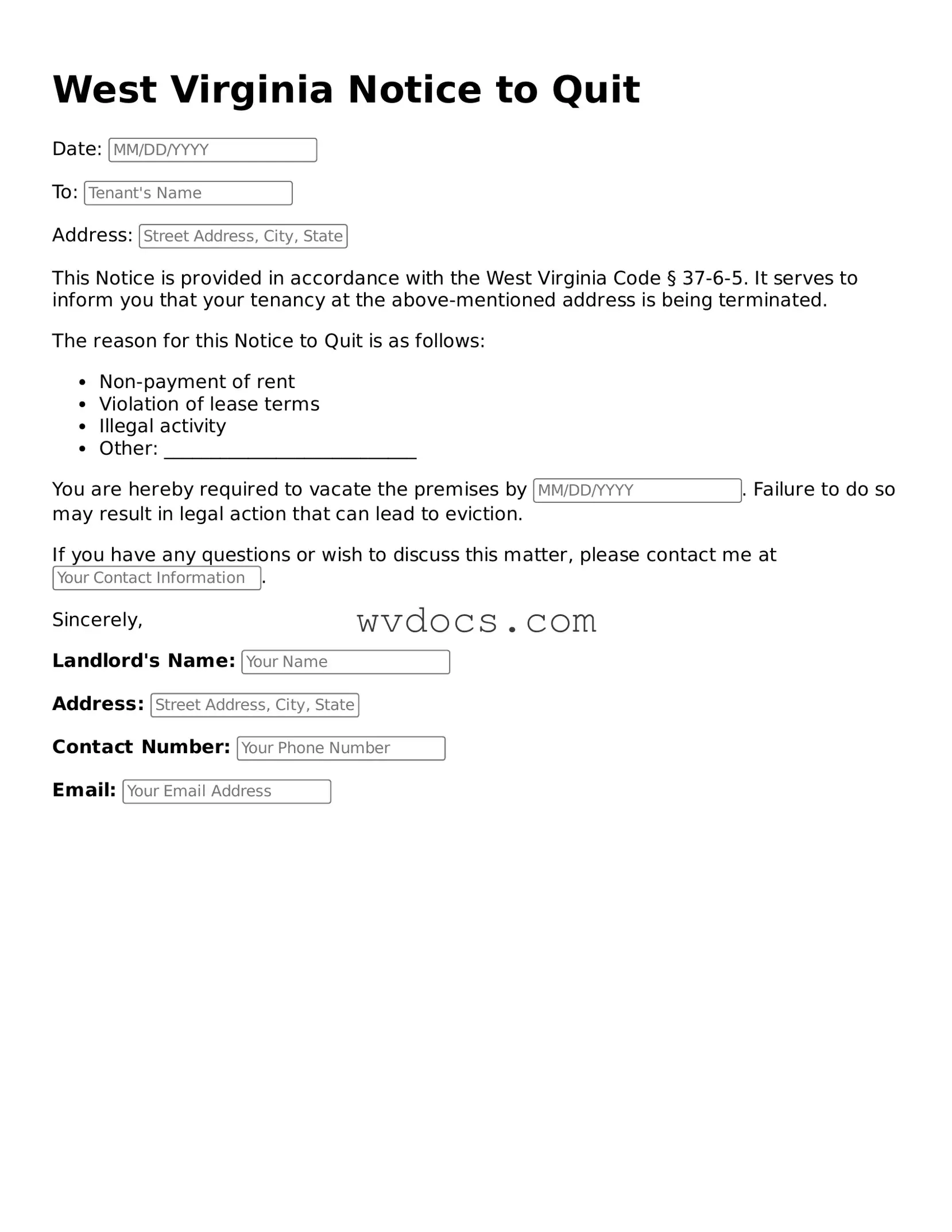 Valid West Virginia Notice to Quit Document