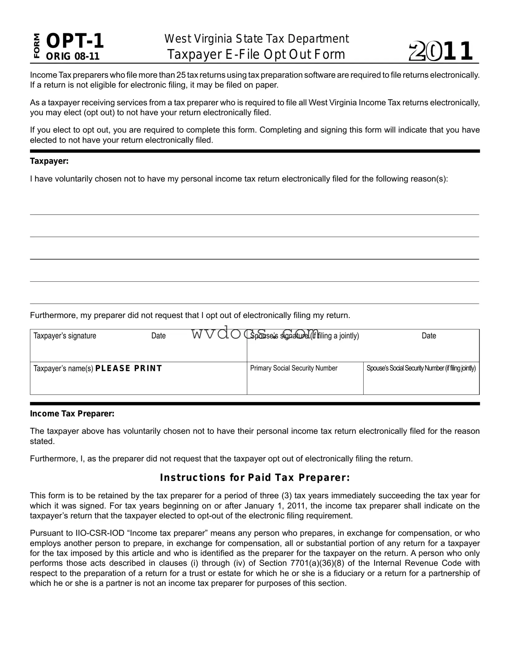 Official West Virginia Opt 1 Template in PDF