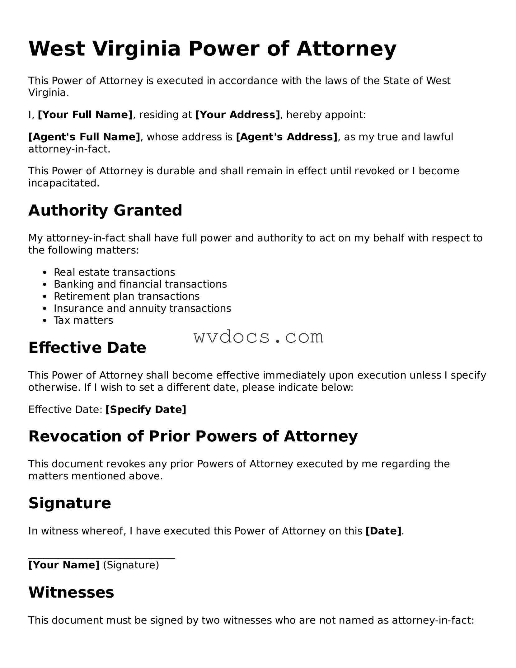 Valid West Virginia Power of Attorney Document