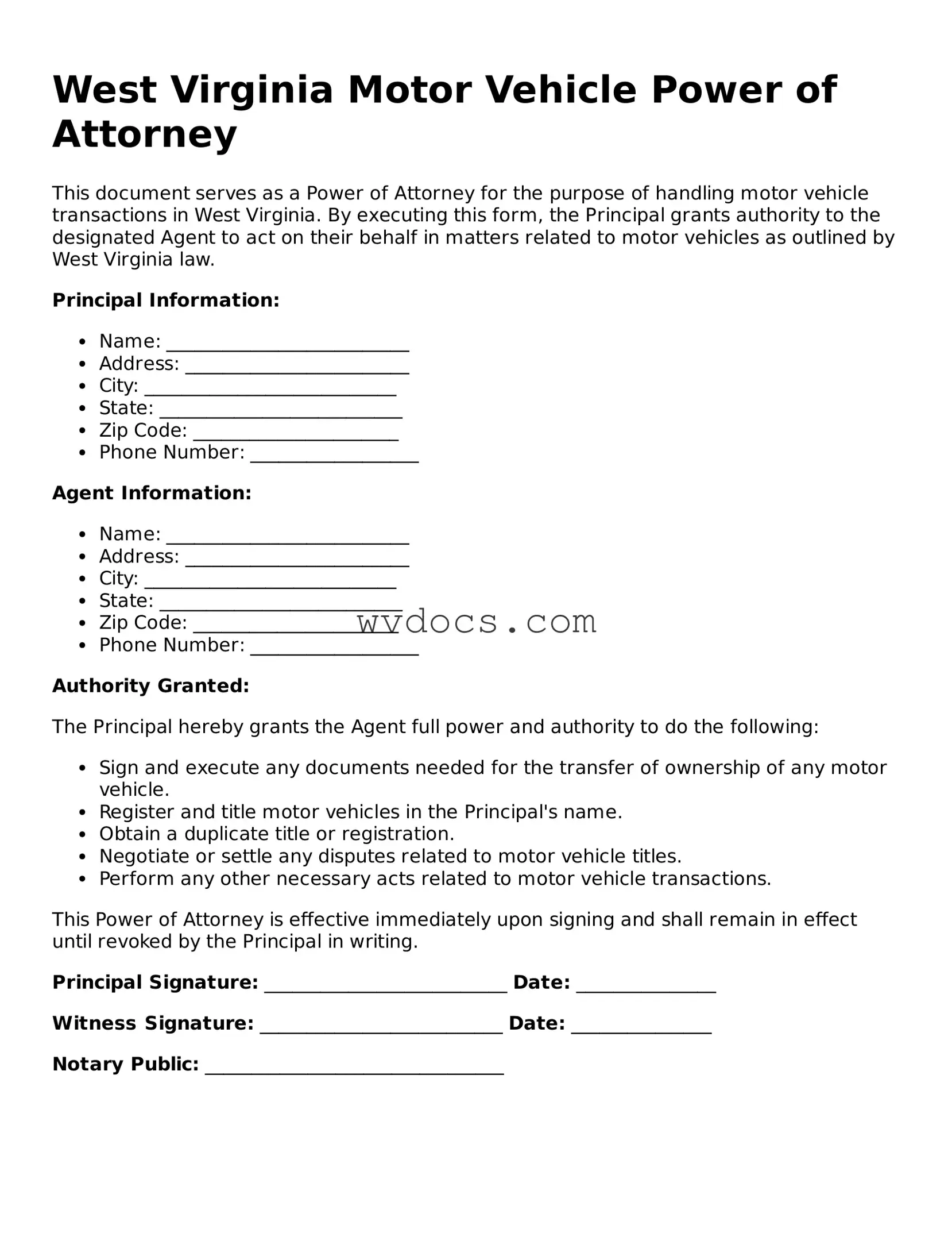 Valid West Virginia Motor Vehicle Power of Attorney Document
