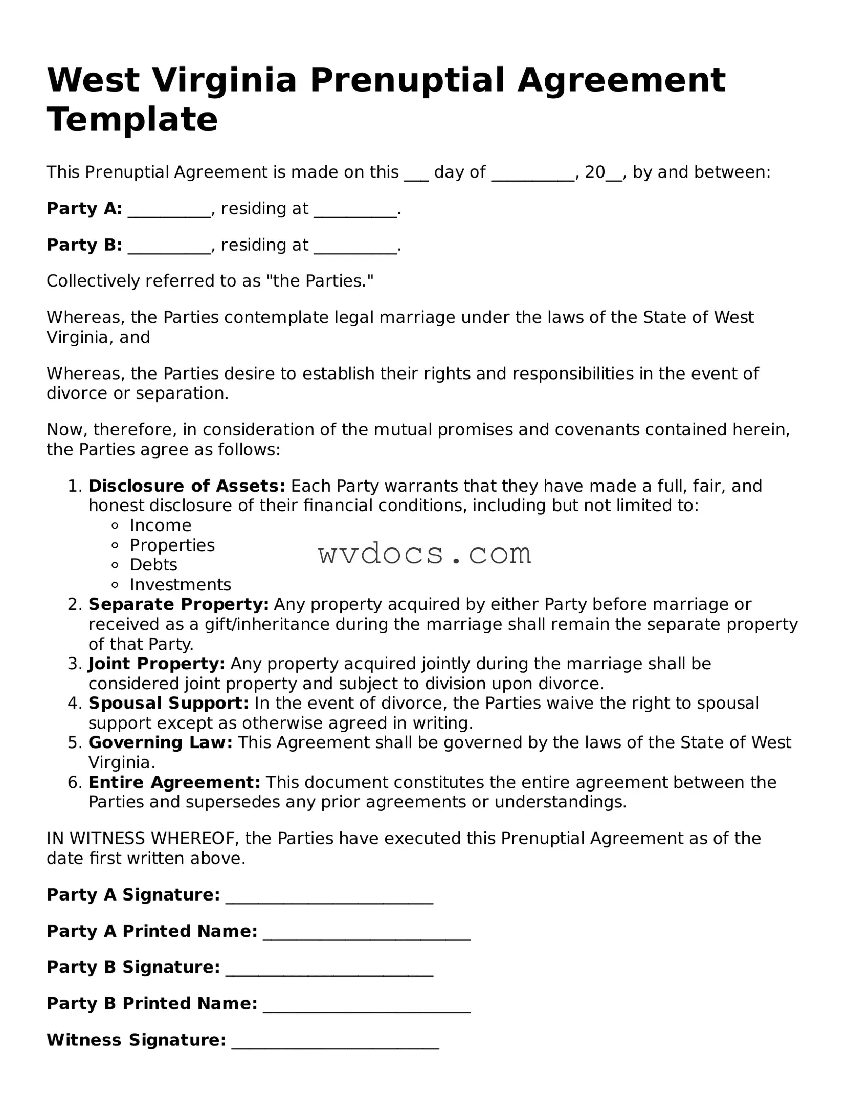 Valid West Virginia Prenuptial Agreement Document