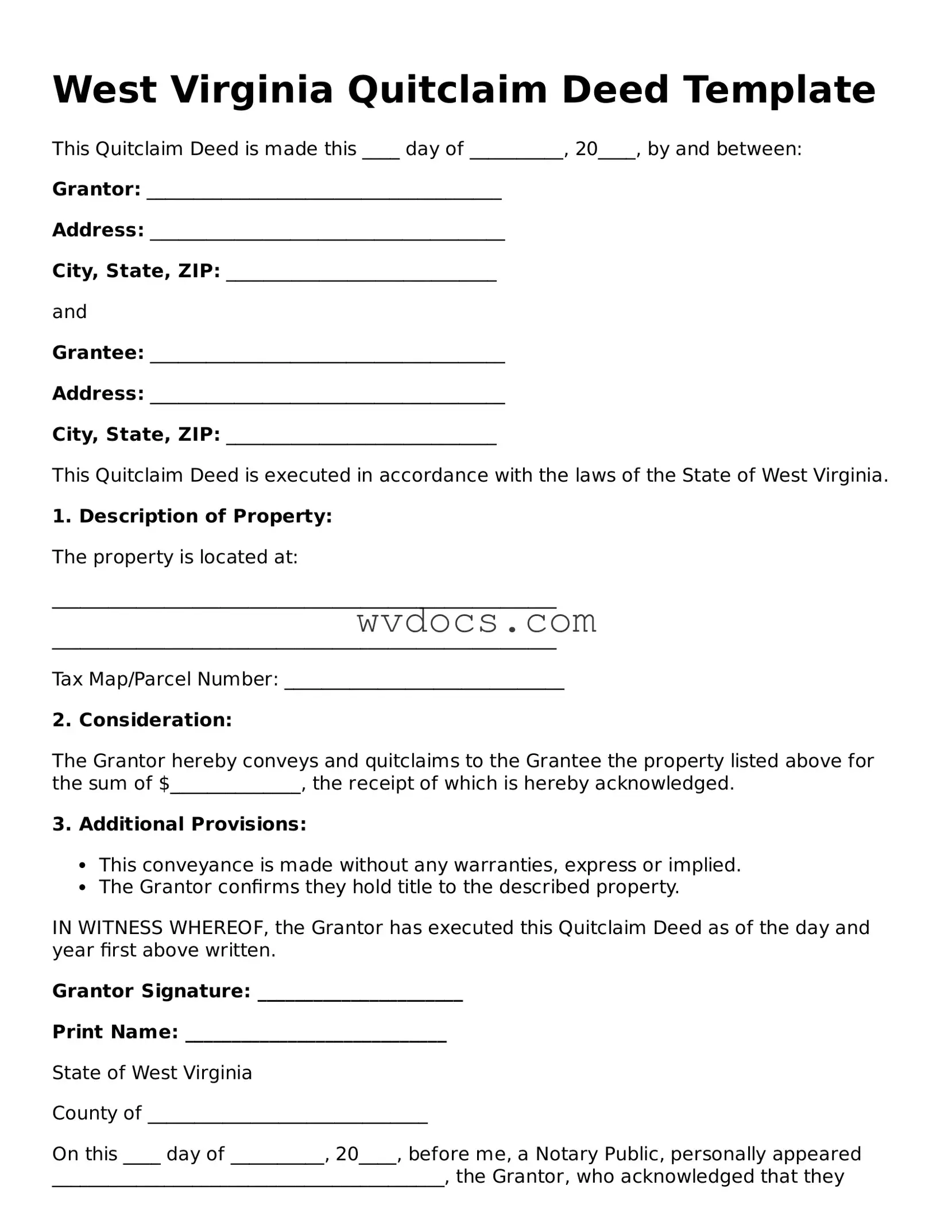 Valid West Virginia Quitclaim Deed Document